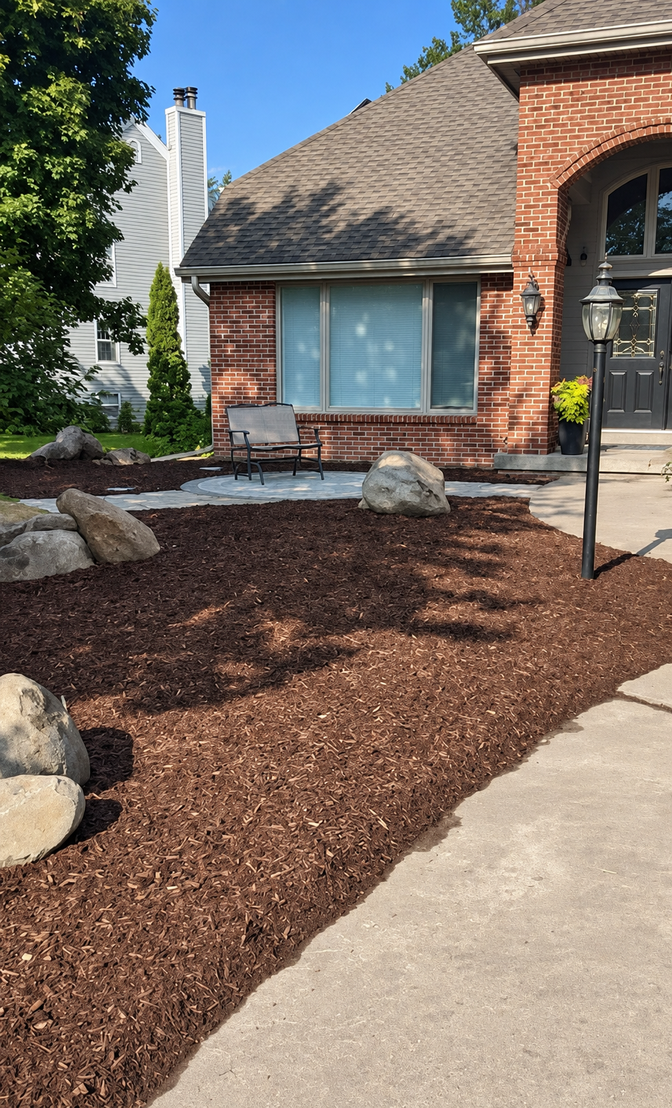 Freshly mulched planting bed with large placed boulders wrapping a small paver patio and bench against a brick house, with evergreens and lawn.