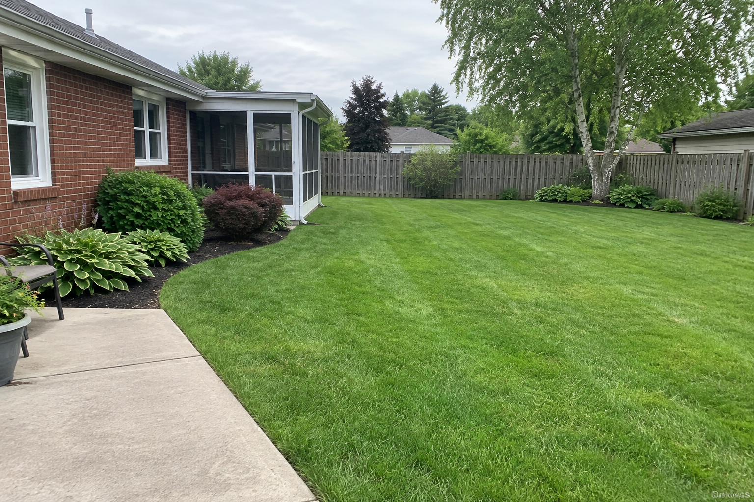 Green lawn running up a gentle slope beside a walkway and driveway, with shrubs and a wood fence at the property line.