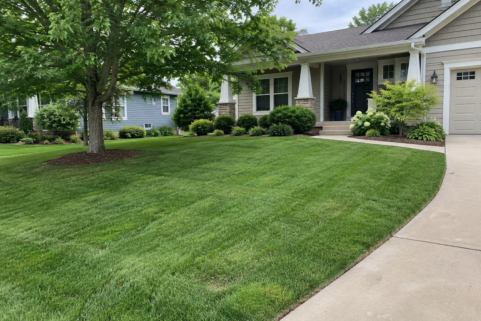 Dense green front lawn with visible mowing stripes running to a concrete walkway, bordered by mulched foundation beds, a mature shade tree, and flowering shrubs.