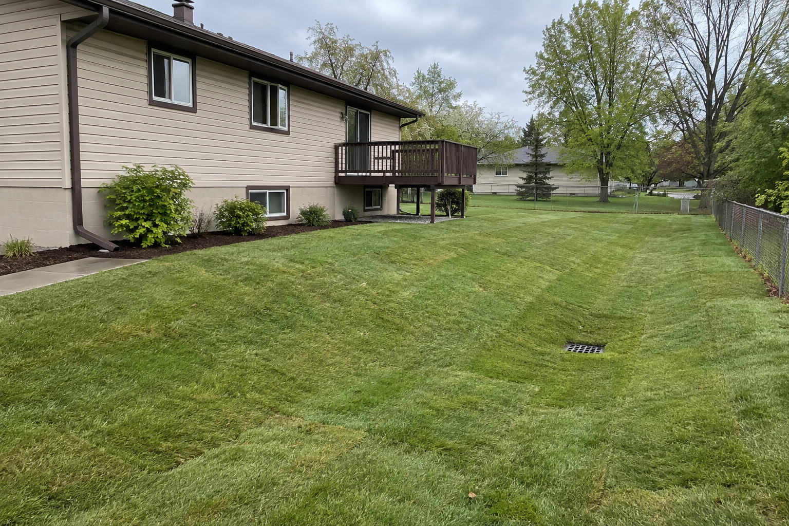 Sloped back lawn behind a house with a raised deck, graded to fall away from the foundation toward the rear of the property.