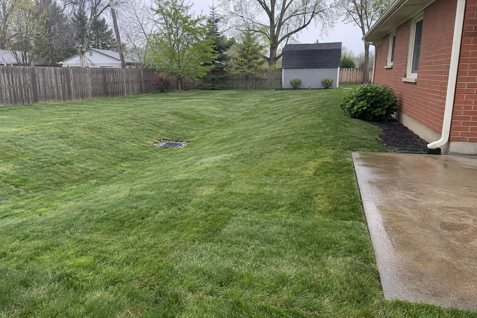 Side yard lawn with a round drain grate set at a low point, sloping toward a concrete walkway.