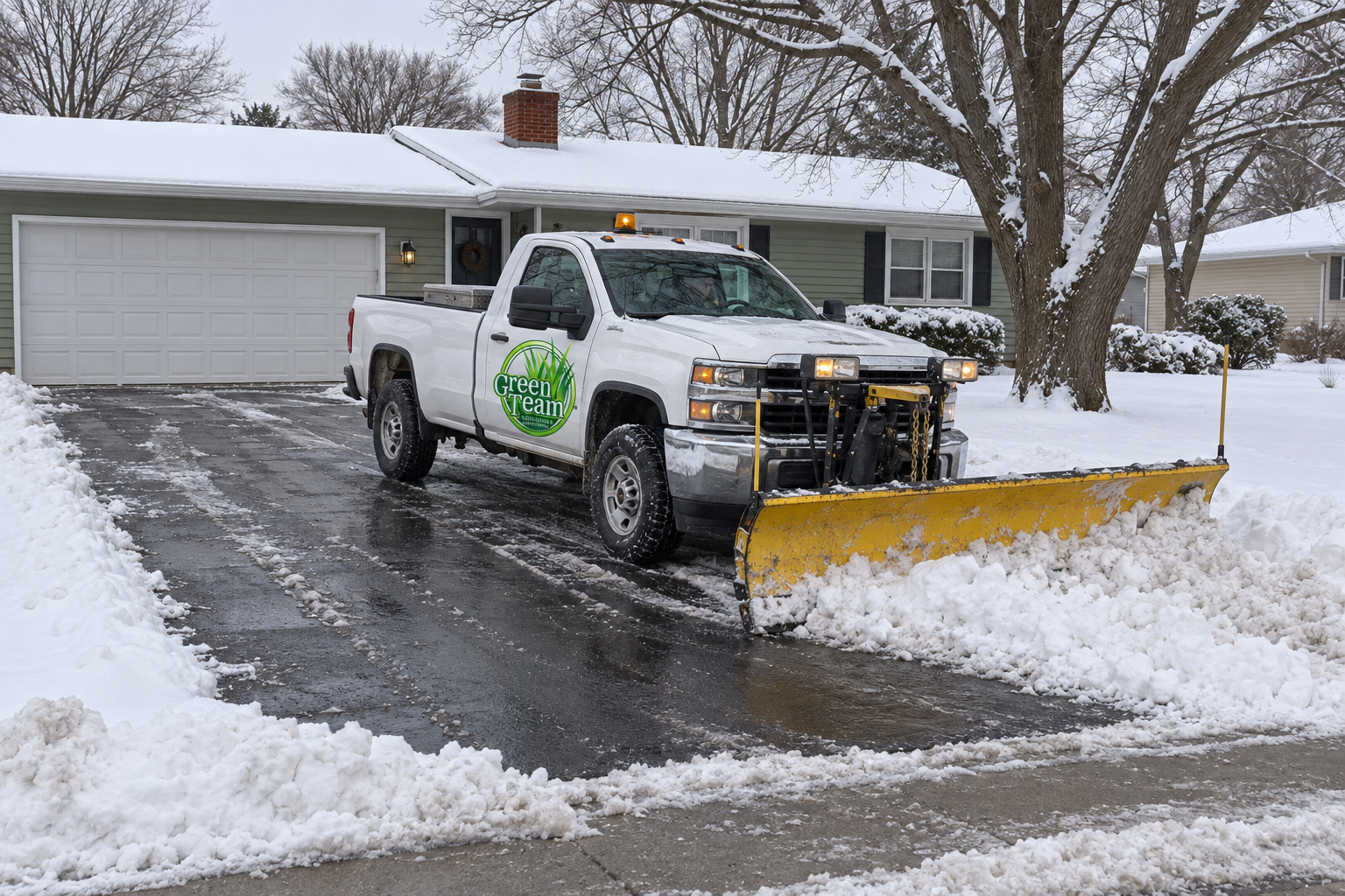 White pickup with a yellow snow plow on a cleared residential driveway, with snow on the roofs, lawns, and trees behind.