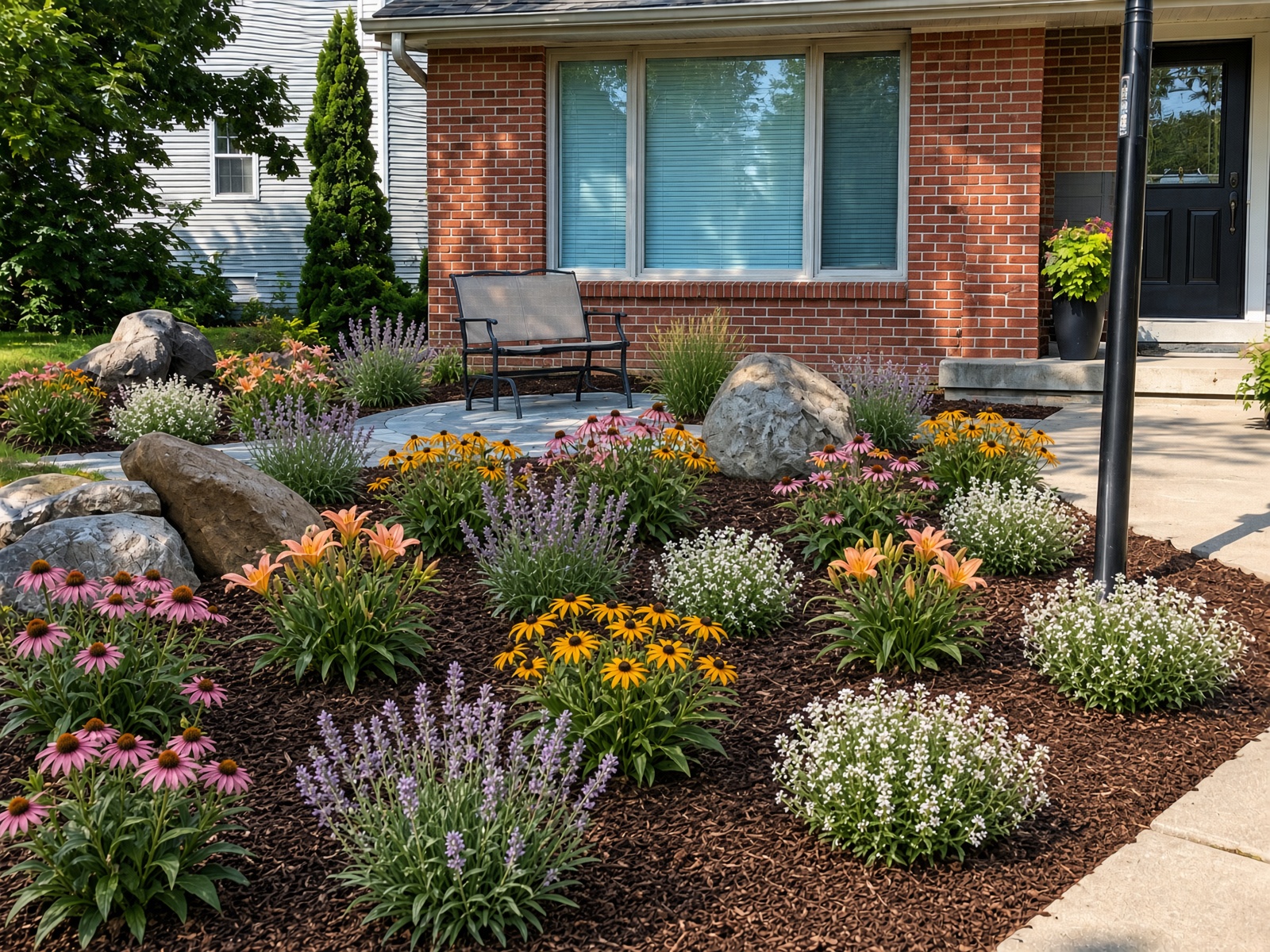 Newly installed front bed with placed boulders, a variety of flowering plants, and a paver sitting area.