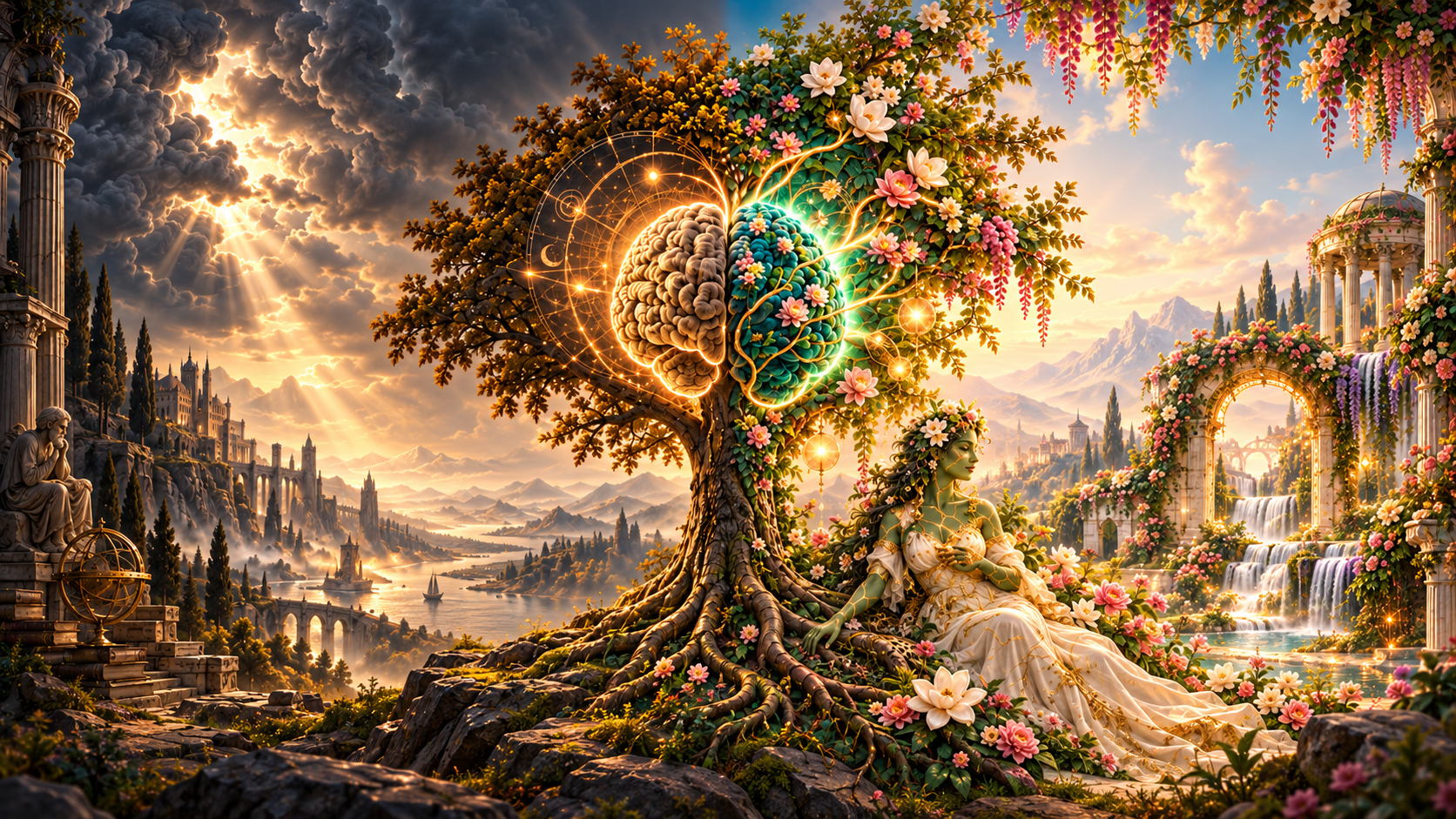 A rooted Tree of Life holding a brain with a warm golden left hemisphere and a luminous turquoise right hemisphere.
