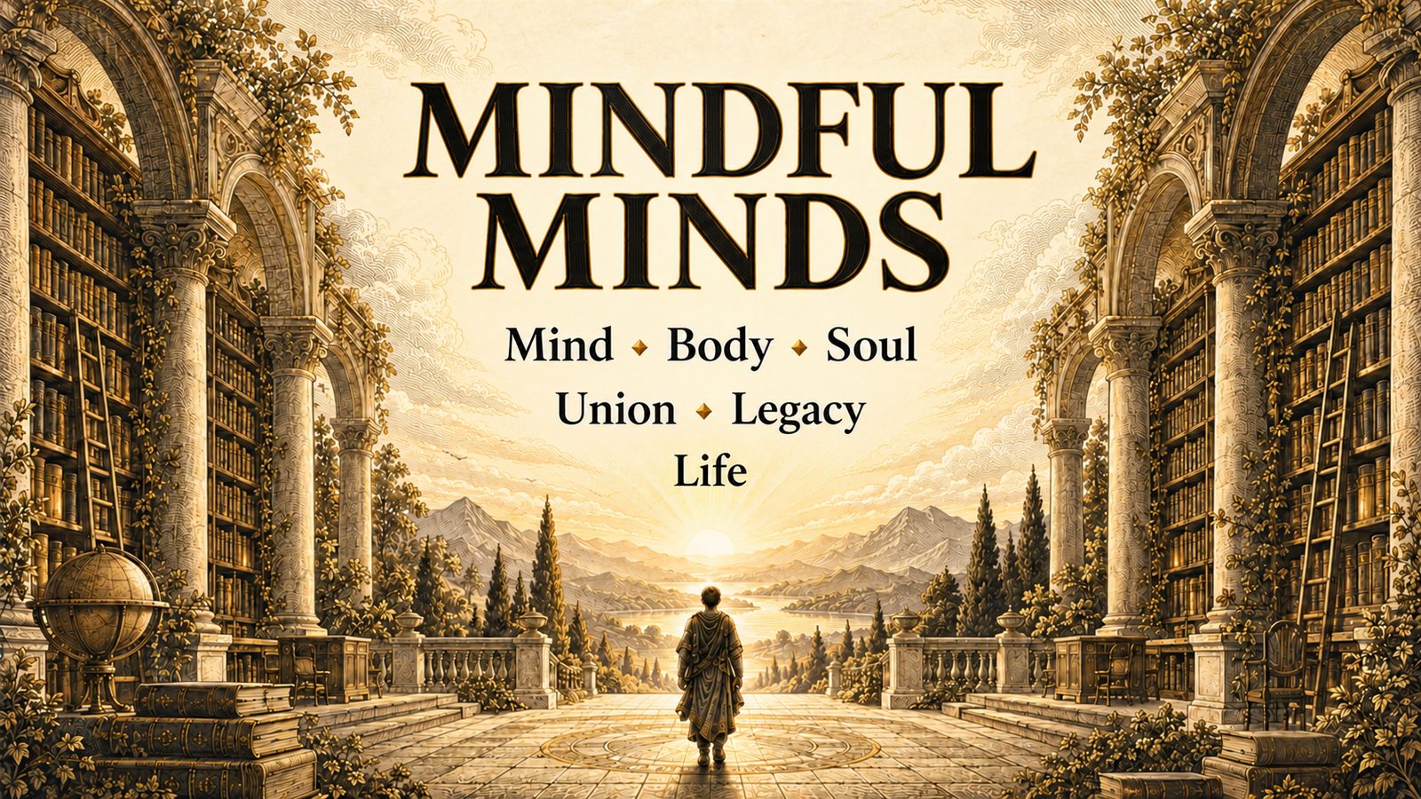 Mindful Minds — Mind, Body, Soul, Union, Legacy, Life — a robed figure walks through a sunlit library toward the horizon