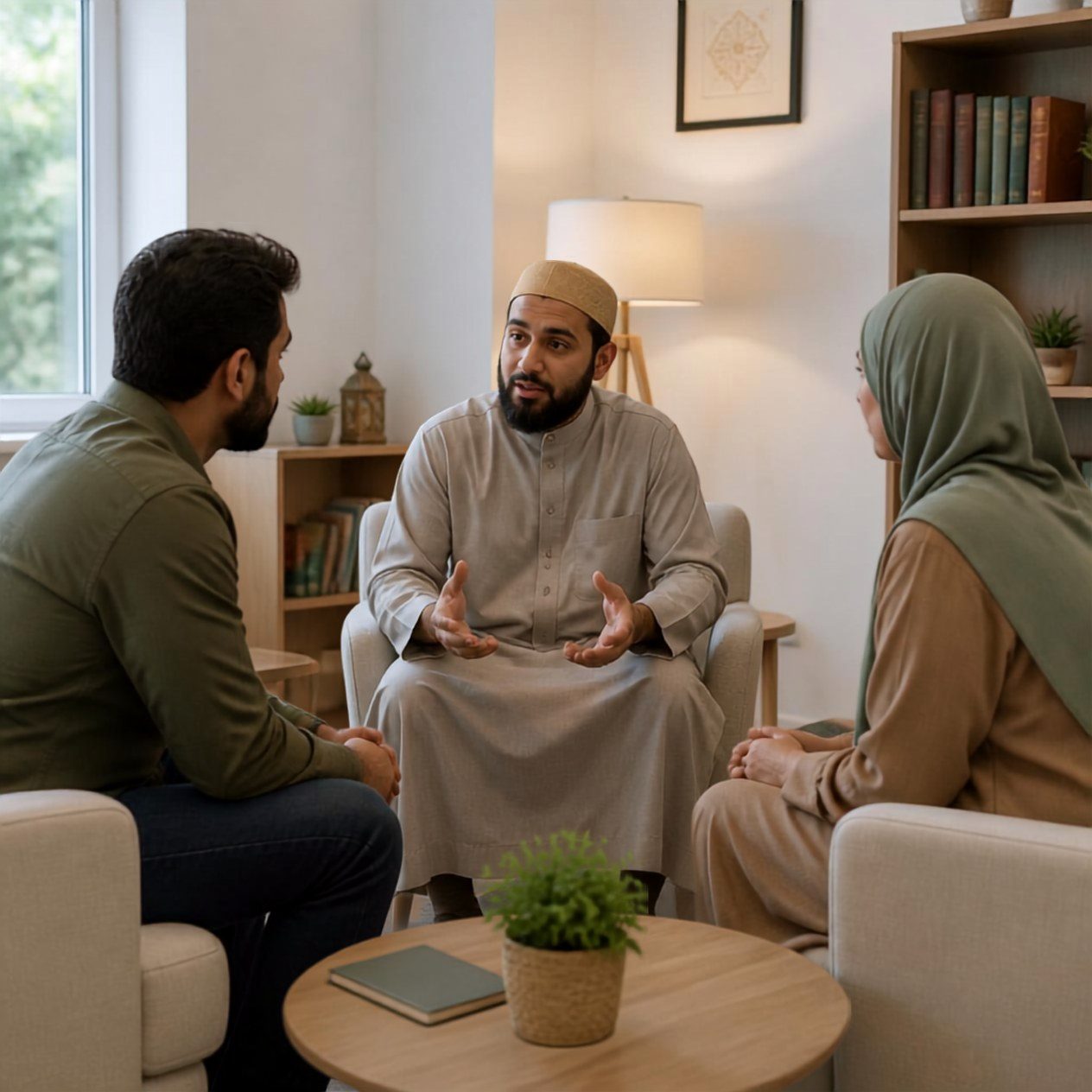 An Imam leading a warm counseling conversation with a young married couple in a softly lit living room, seated together on armchairs around a low table.