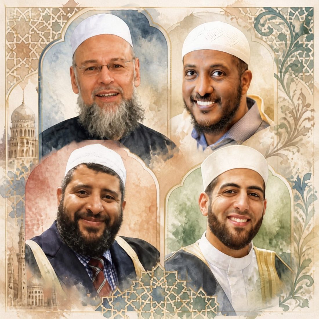 An illustrated watercolor collage portrait of the four past Imams of IAR &mdash; Imam Mohammed Baianonie, Imam Mohammed Faqih, Imam Dr. Sameh Asal, and Imam Mohamed Abu Taleb &mdash; framed in ornamental Islamic archways with mosque silhouettes and geometric patterning.