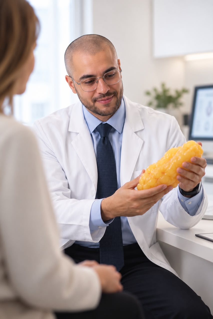 El Dr. Bernardo Meza explicando en consulta con un modelo de tejido adiposo
