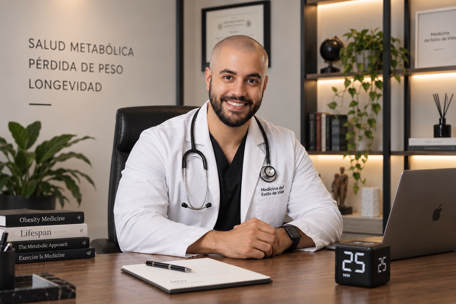 El Dr. Bernardo Meza en su escritorio dentro del consultorio