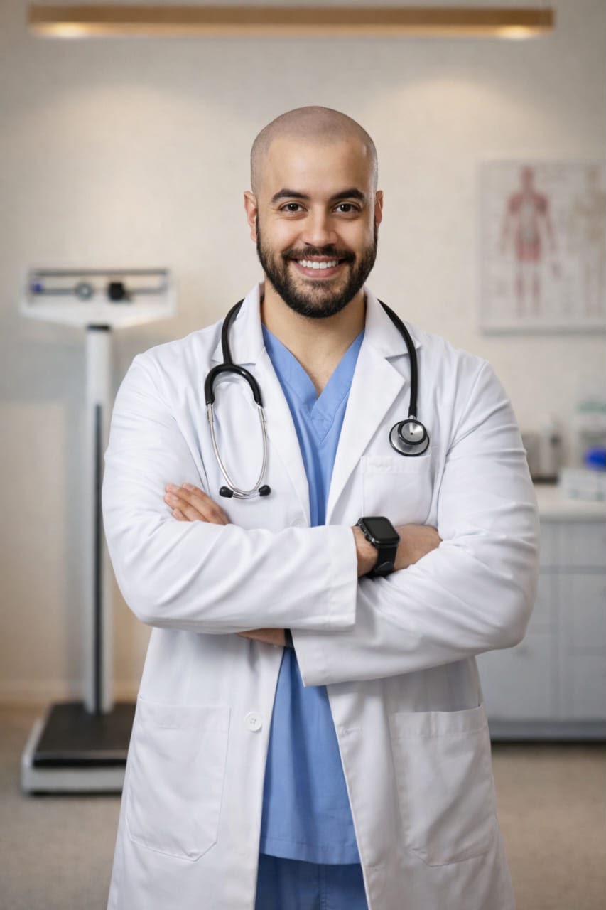 El Dr. Bernardo Meza sonriendo con bata blanca y estetoscopio en su consultorio