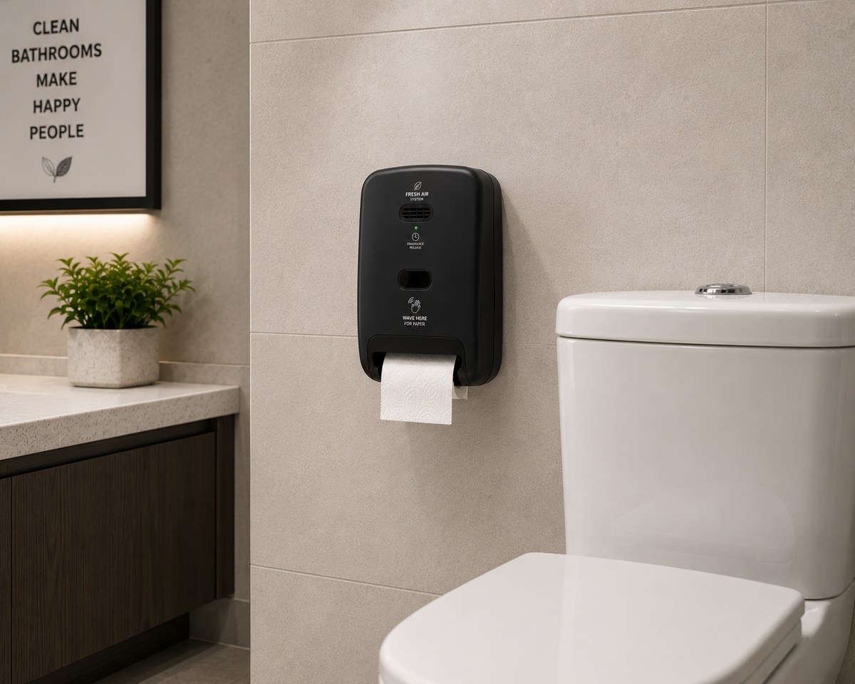 Pure Roll dispenser concept mounted beside a toilet in a neutral modern restroom