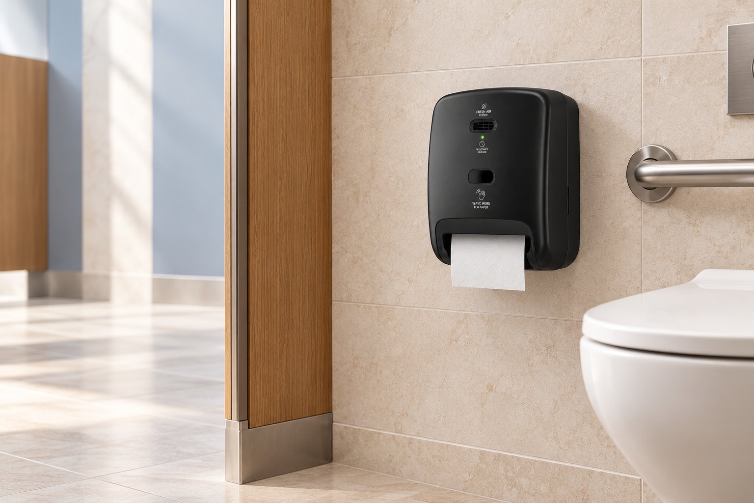 Pure Roll dispenser concept in a sunlit commercial restroom