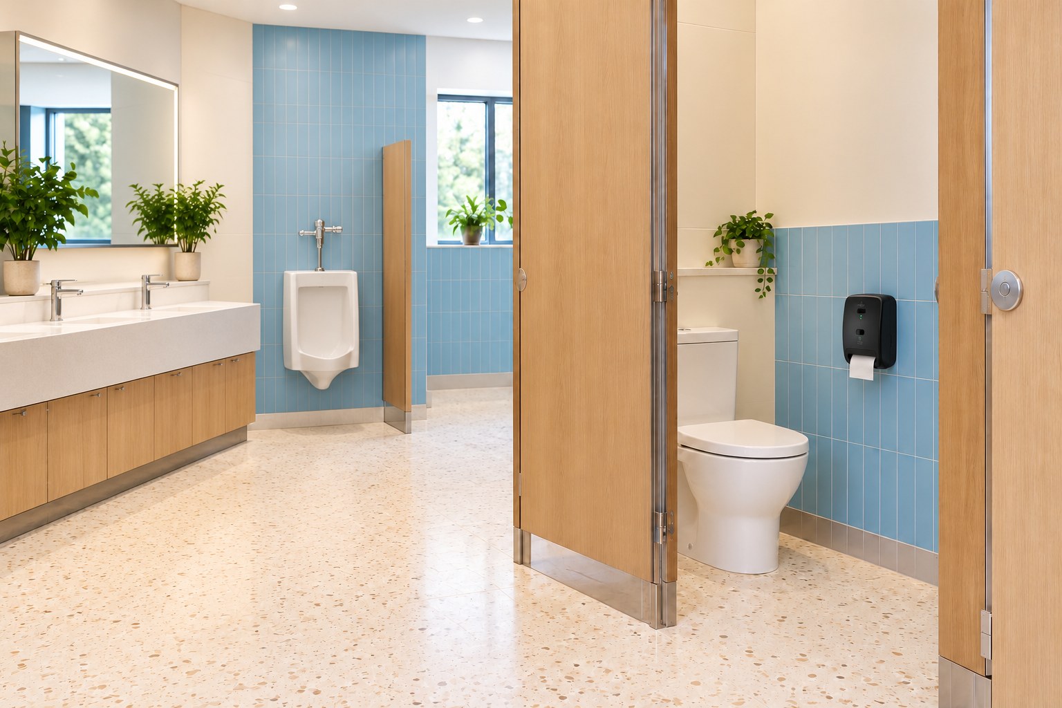 Empty commercial restroom with a toilet, urinal and compact Pure Roll dispenser concept