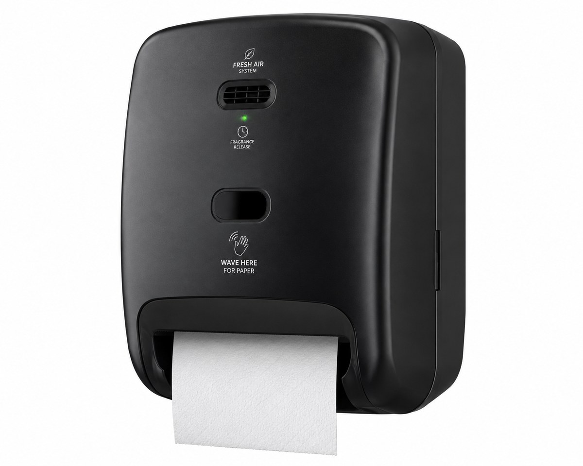 Pure Roll black dispenser concept with hands-free paper dispensing and a fragrance outlet