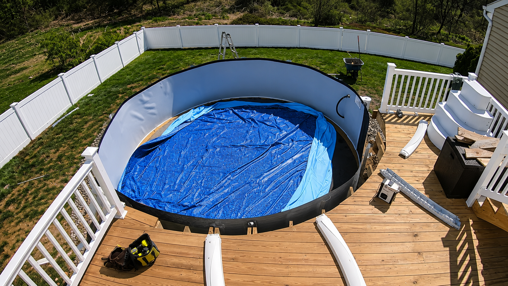 Above ground pool installation in Durham NC with level base and pump system