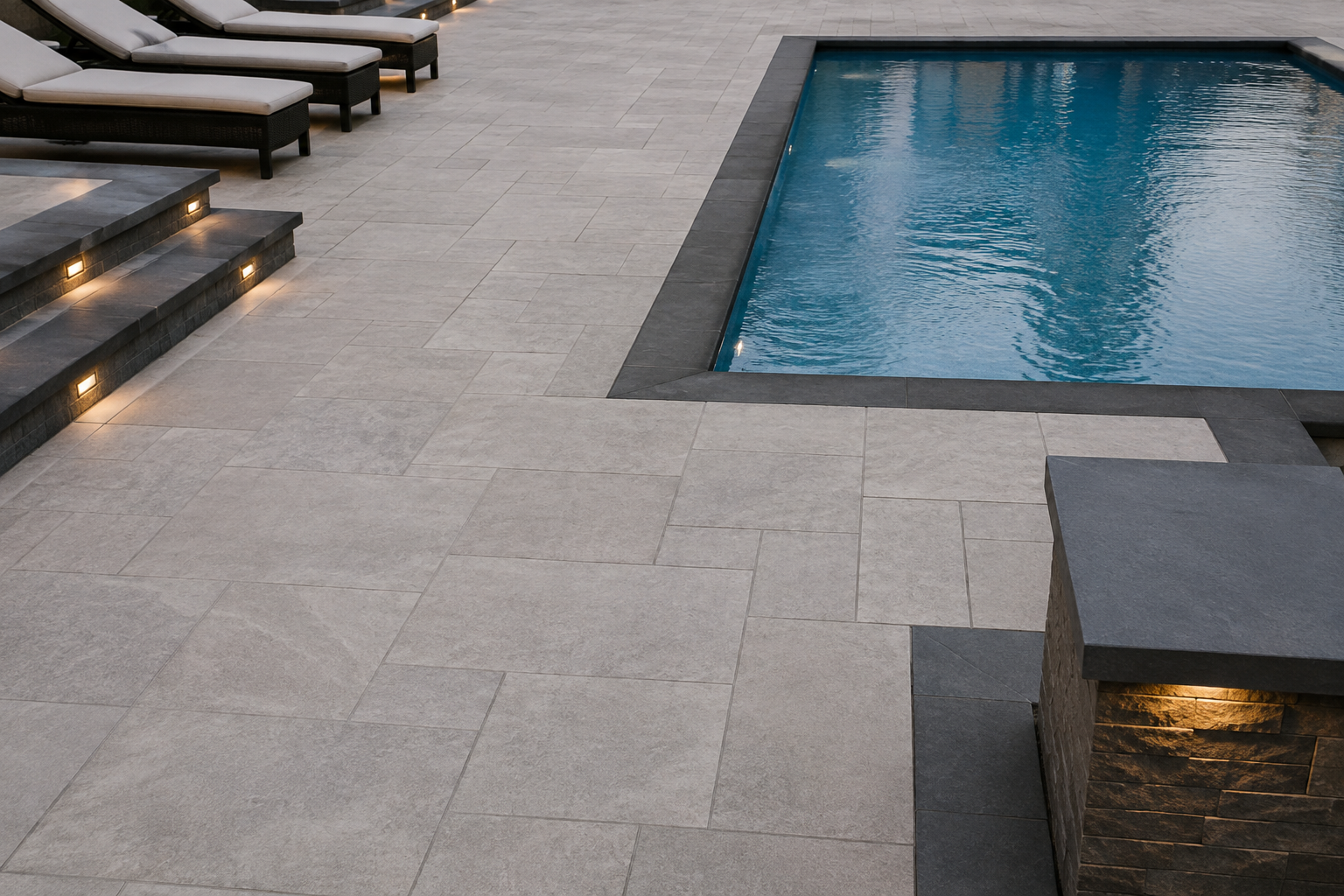 Hardscape design in Durham NC with stone patio and pool deck