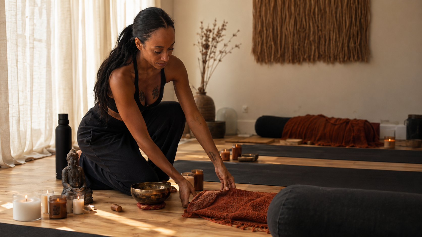 Catie preparing a private MotherForm experience with blankets, candles, and a singing bowl