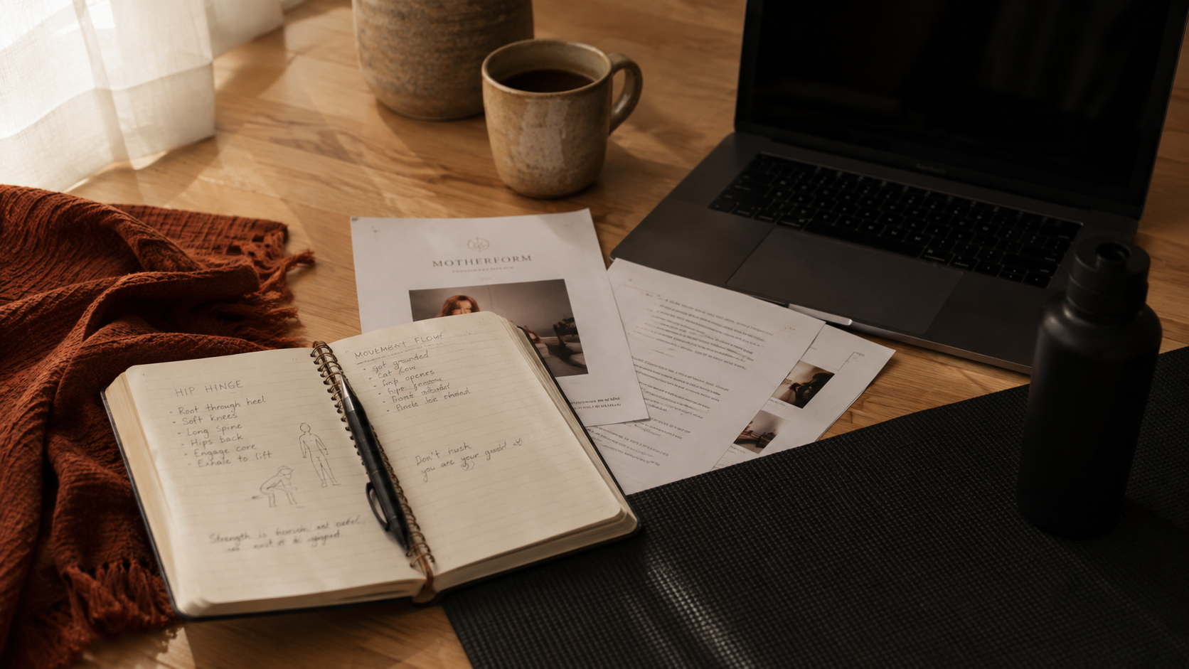 MotherForm notebooks, movement notes, printed editorial pages, and laptop arranged beside a mat