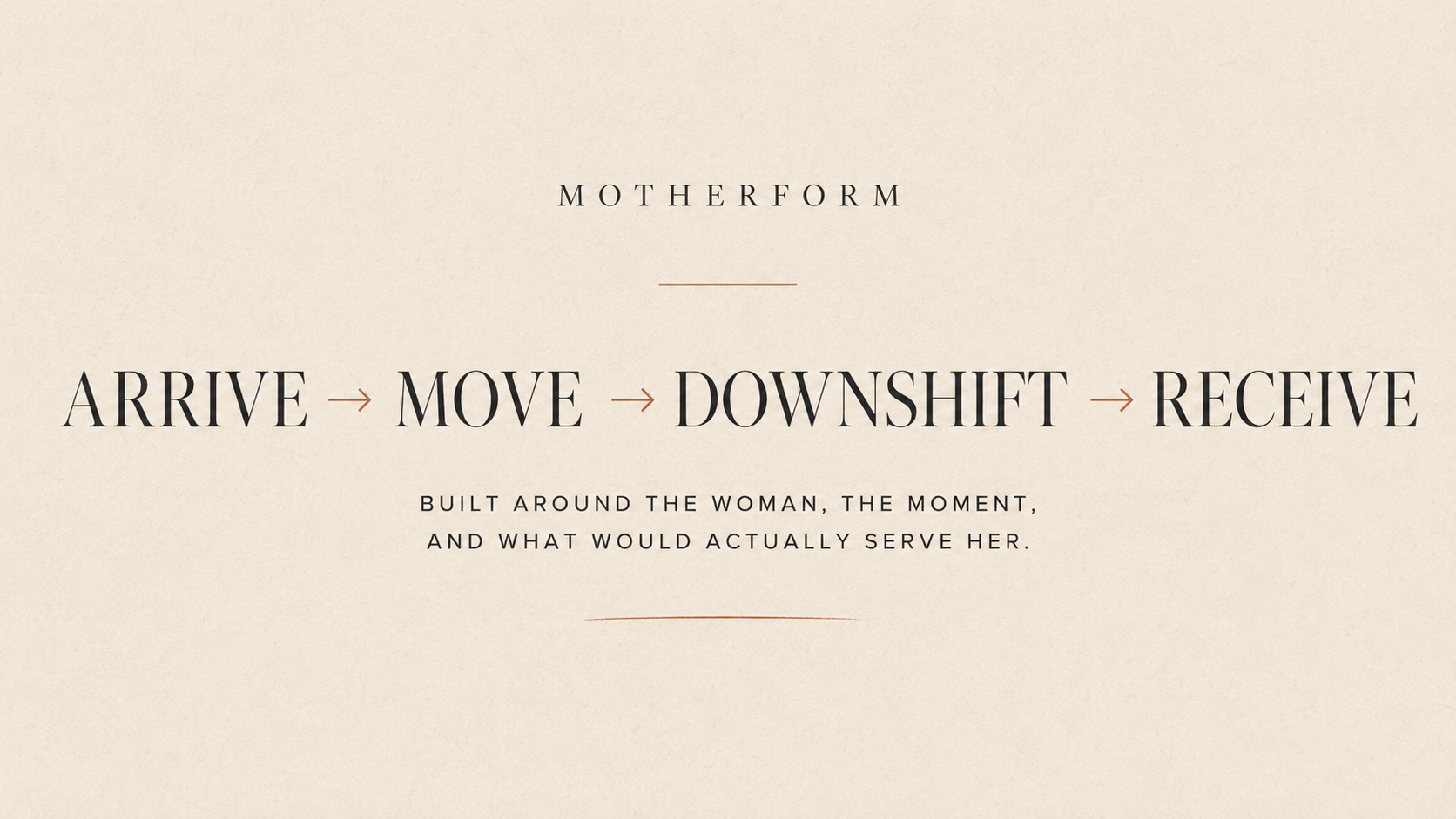 MotherForm Private Experience flow: arrive, move, downshift, receive