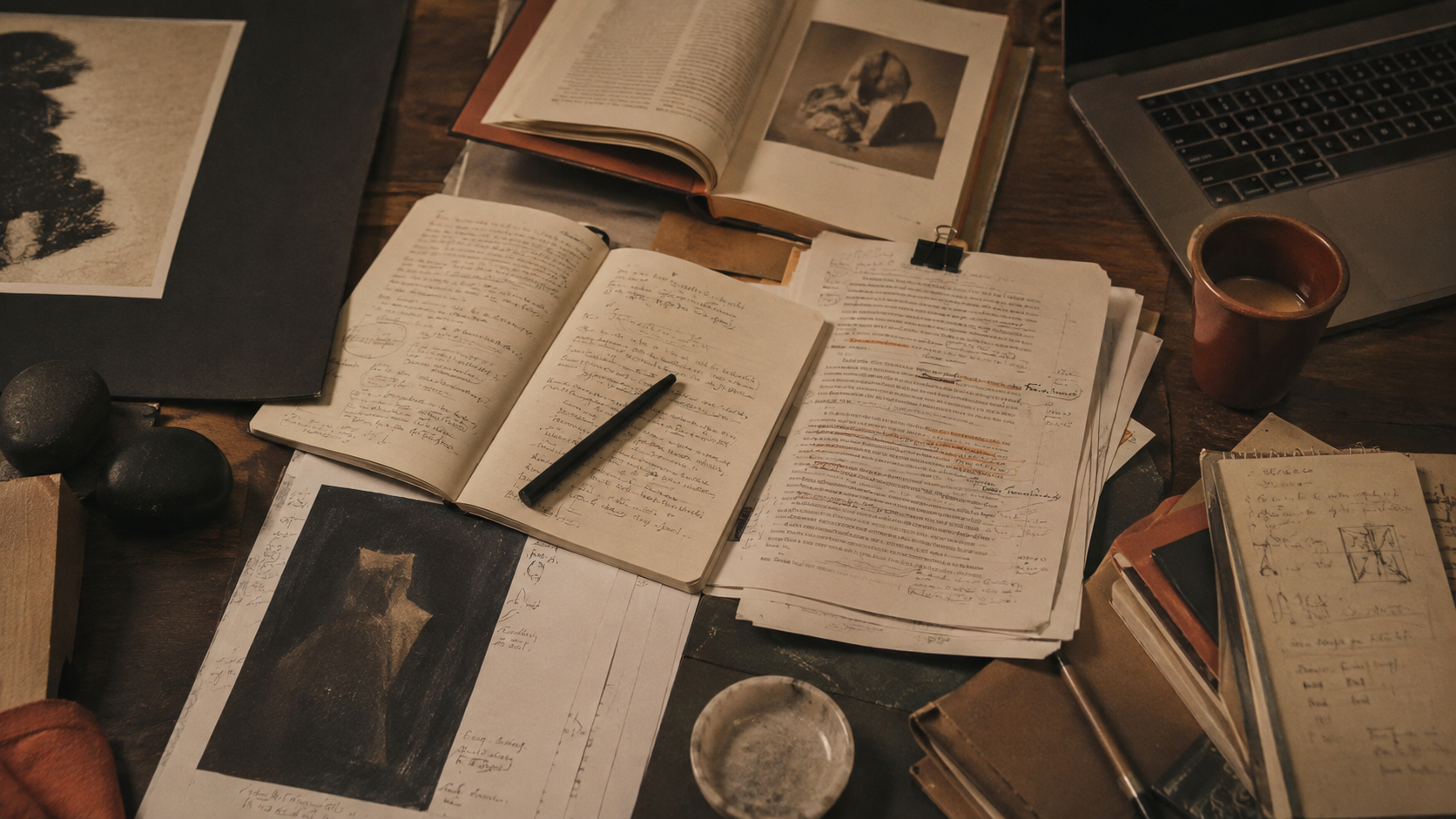 MotherForm Uncut writing and archive detail with notebooks, marked-up pages and editorial materials