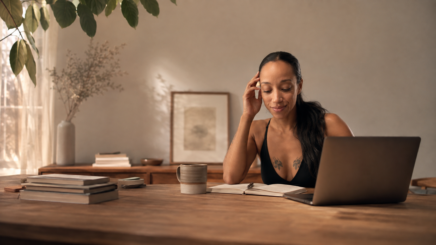 Warm editorial MotherForm contact image showing founder/workspace/environment