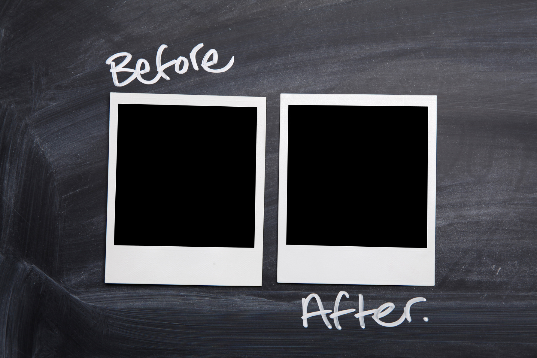 Two polaroid photos are set against black background with the labels "Before" and "After"