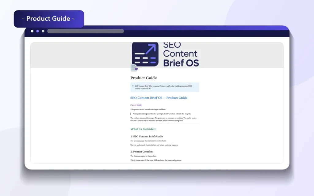 Complete Product Guide inside the SEO brief OS