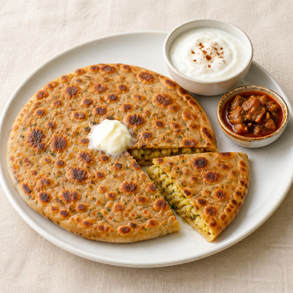 Hot aloo paratha with white butter, curd and pickle, ready in minutes