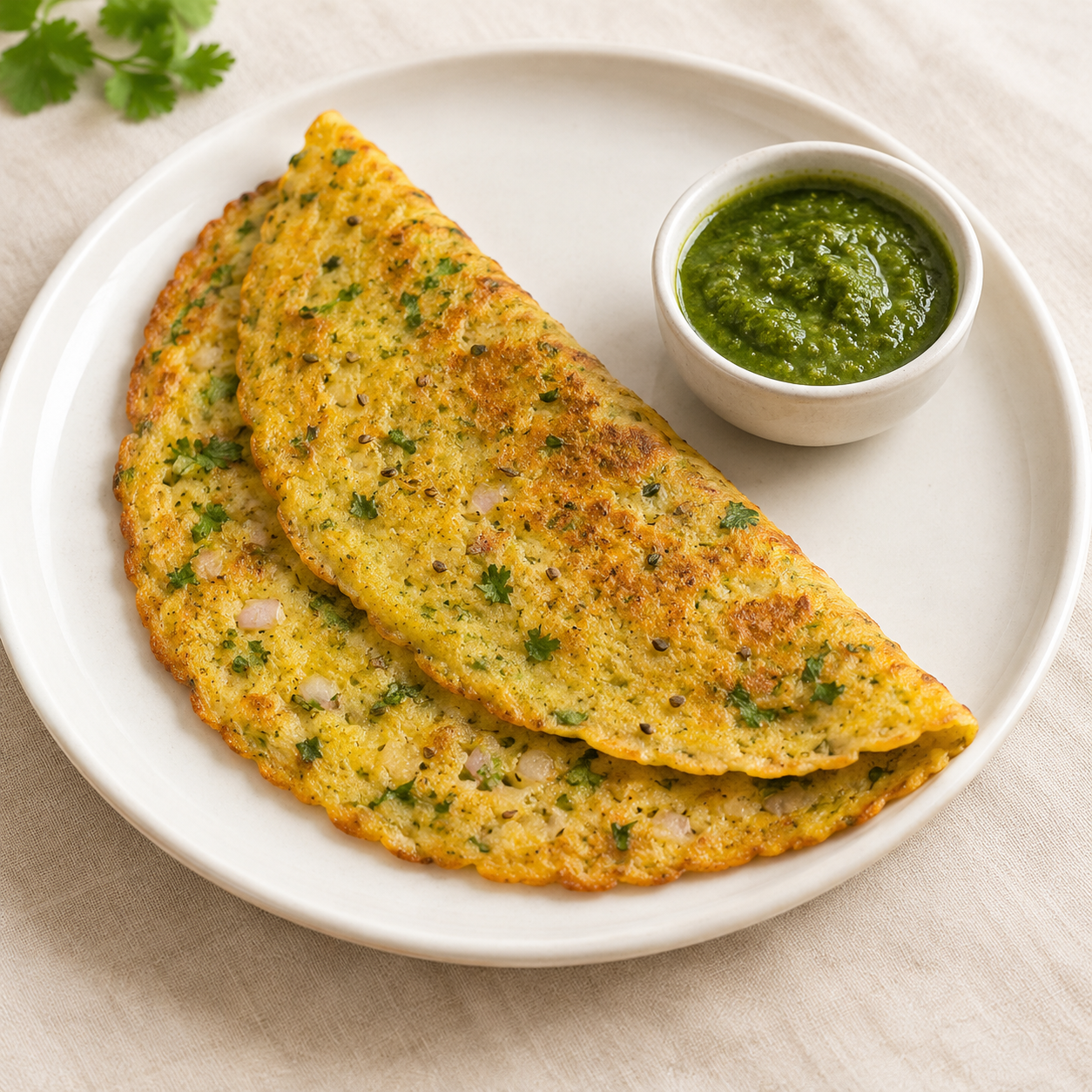 Crisp besan-moong chilla with green chutney