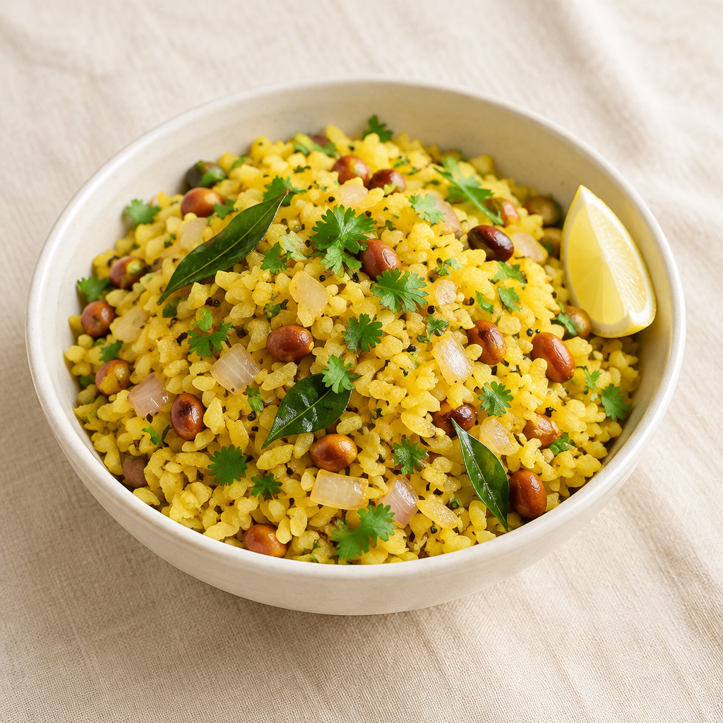 Kanda poha with peanuts, coriander and lemon
