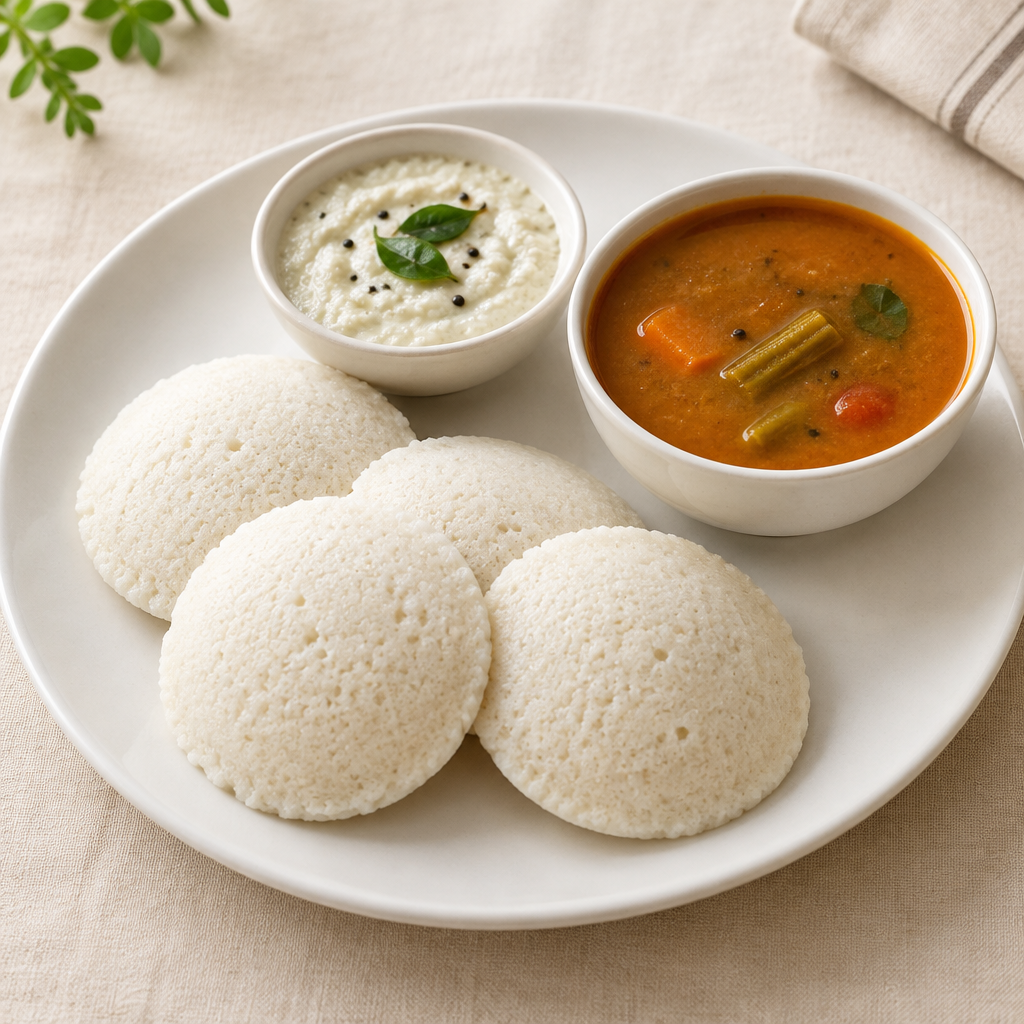 Soft idlis with coconut chutney and sambar