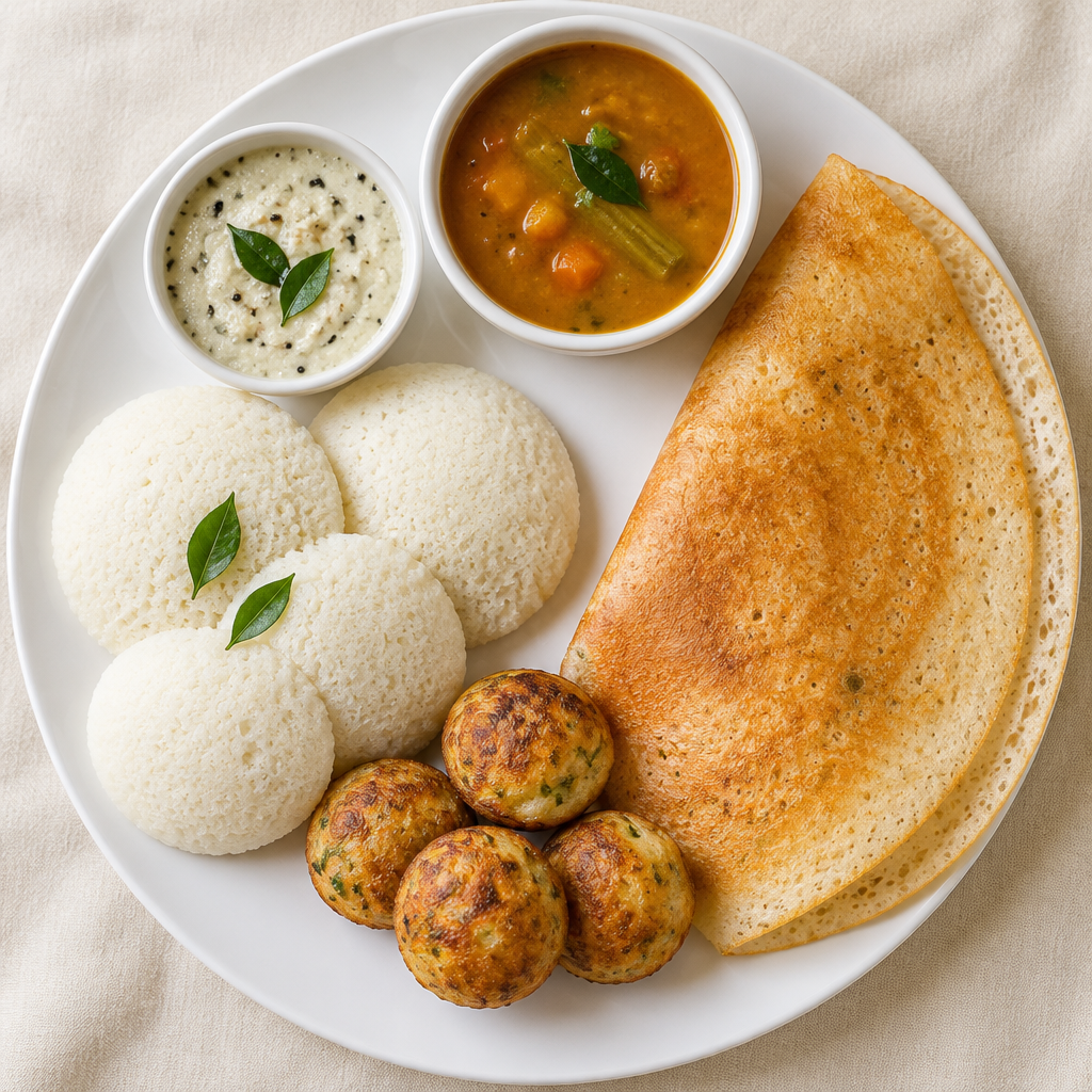 A plate of idlis, dosa and appe with chutney and sambar