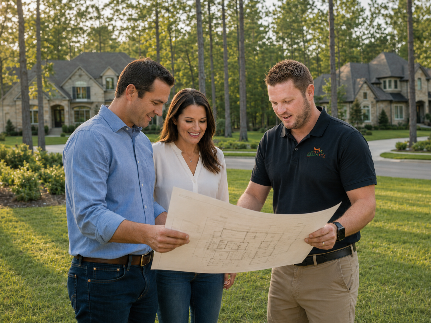 Brad Fox of Green Fox Construction reviewing custom home plans with homeowners on a neighborhood homesite in The Woodlands area