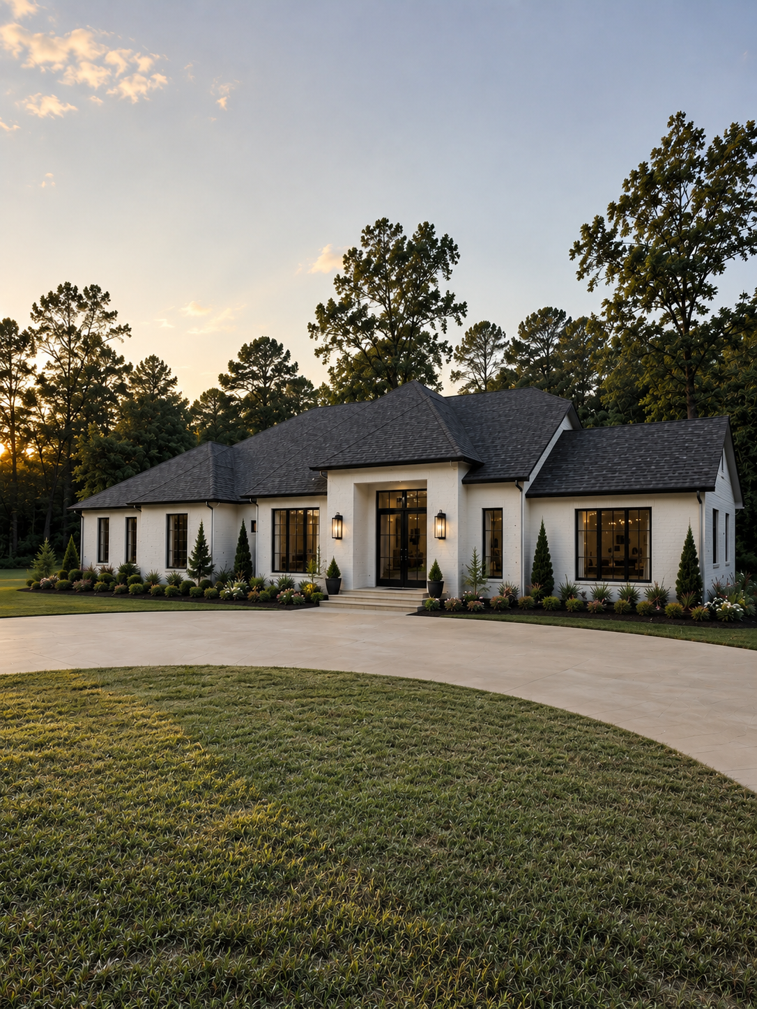 Completed Green Fox custom home with a curved driveway and landscaped lawn in The Woodlands area