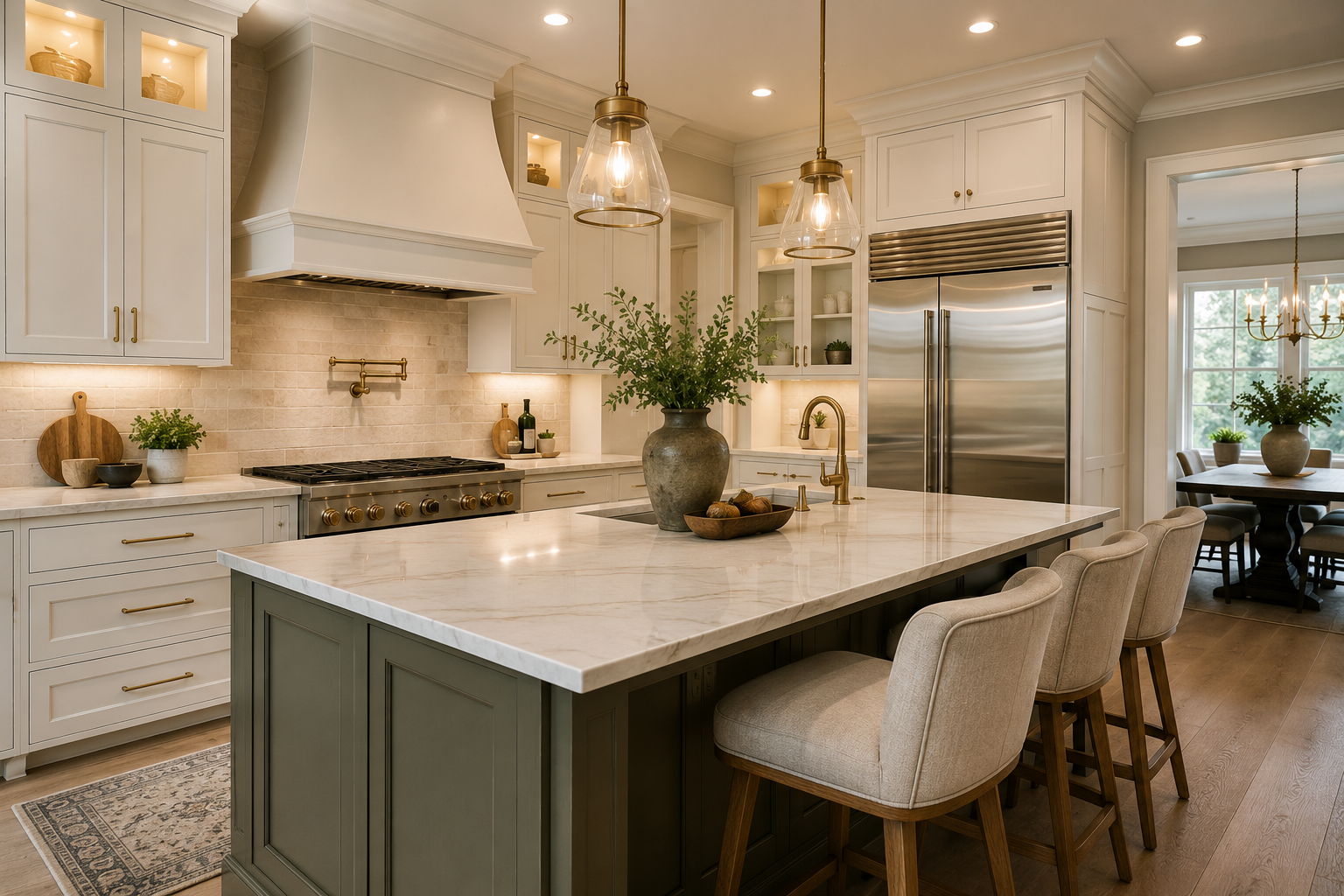 Finished luxury kitchen with custom cabinetry and lighting