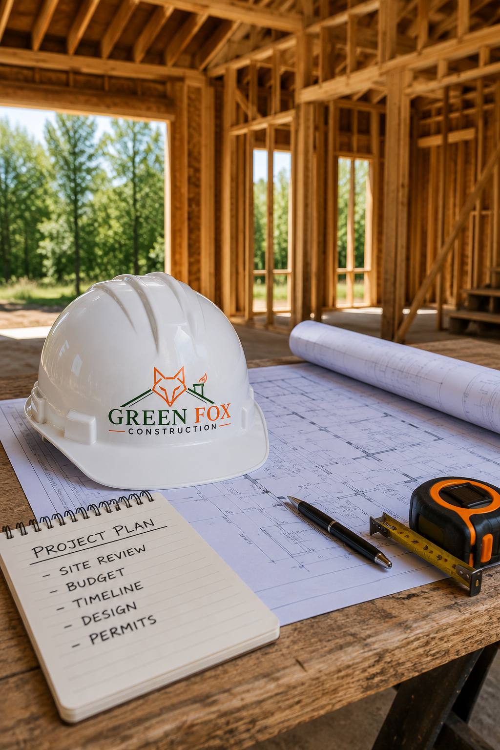 Organized custom home framing site with architectural plans and construction equipment
