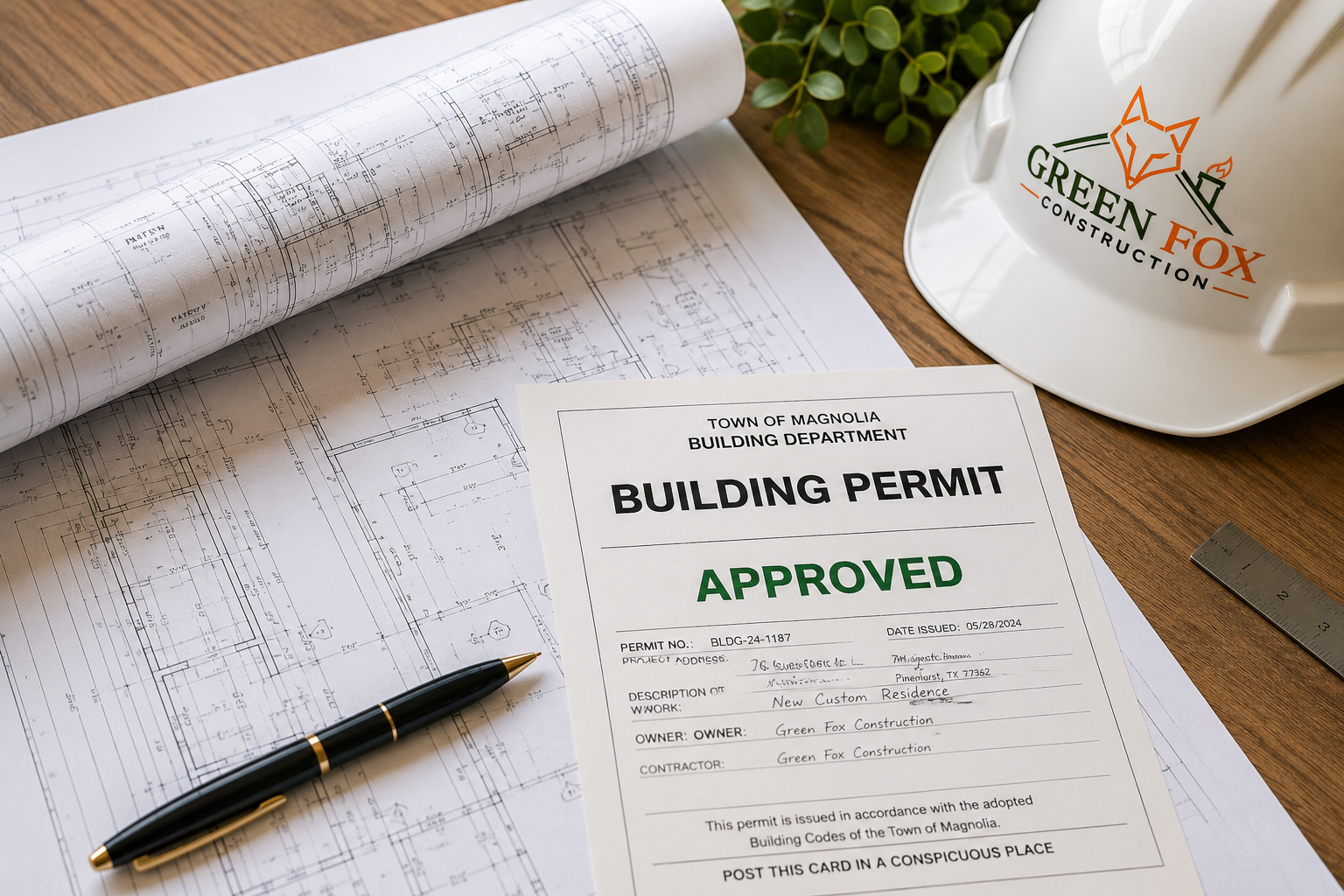 Architectural plans and approved building permit prepared for construction