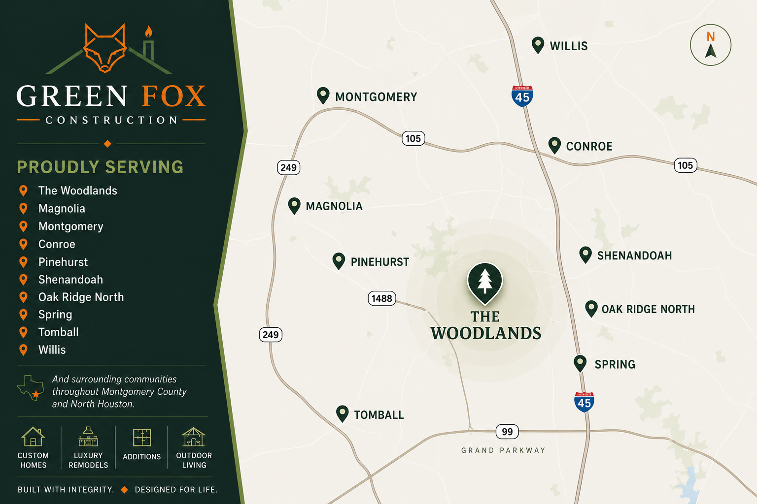 Green Fox Construction service area map showing The Woodlands, TX, Magnolia, Montgomery, Conroe, Pinehurst, Shenandoah, Oak Ridge North, Spring, Tomball, and Willis