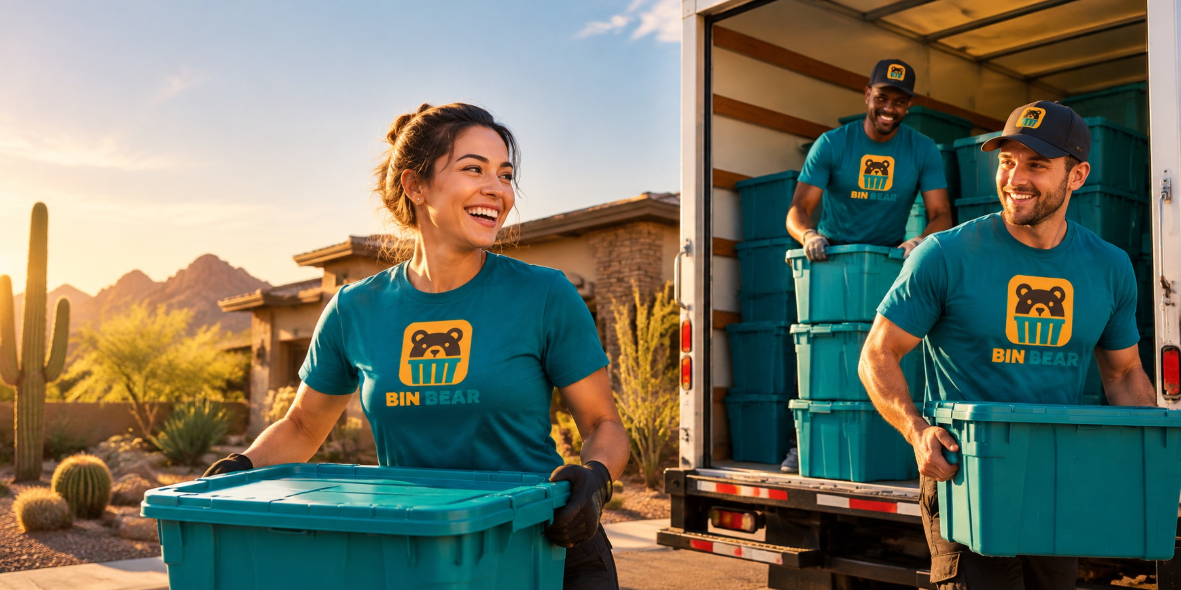 The Bin Bear crew unloading teal bins from a truck at sunset in Phoenix