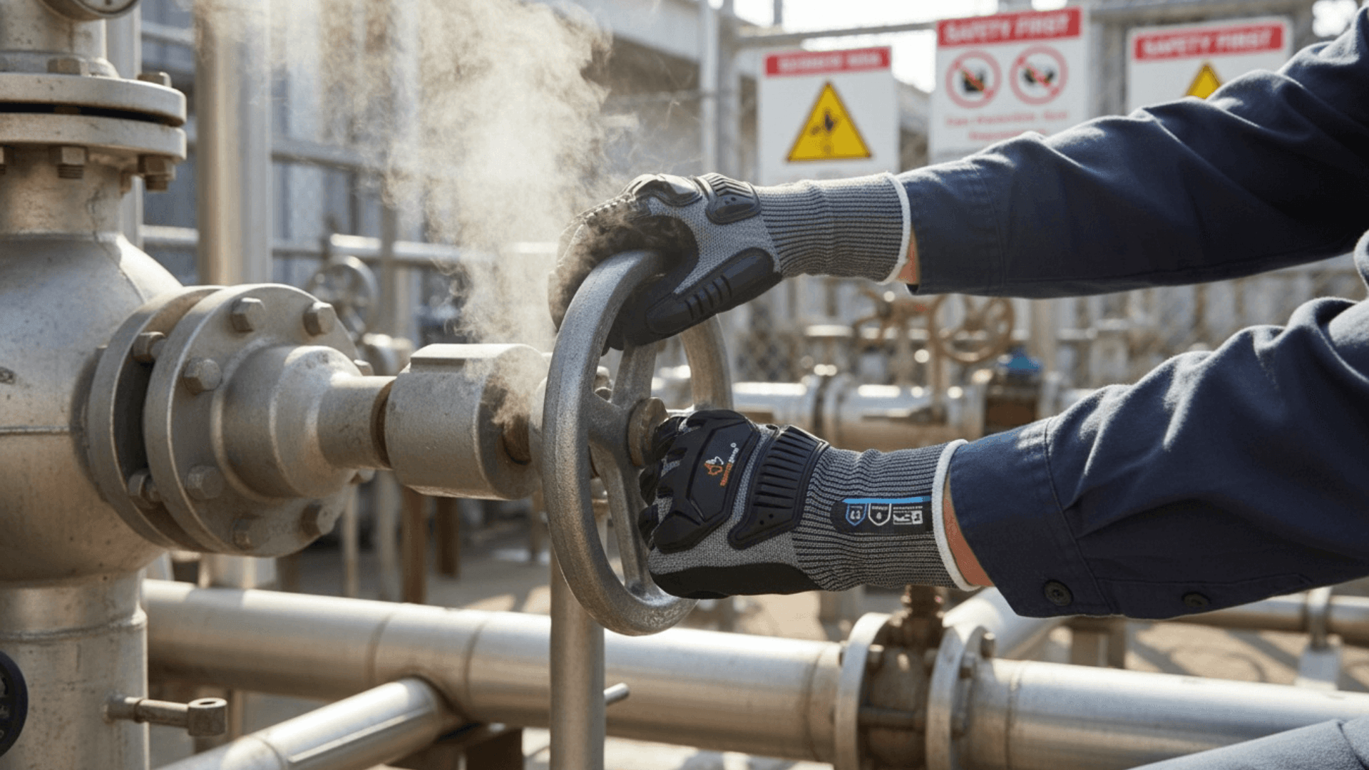 Técnico con guantes antiimpacto Superiorglove operando válvula en refinería de petróleo a campo abierto