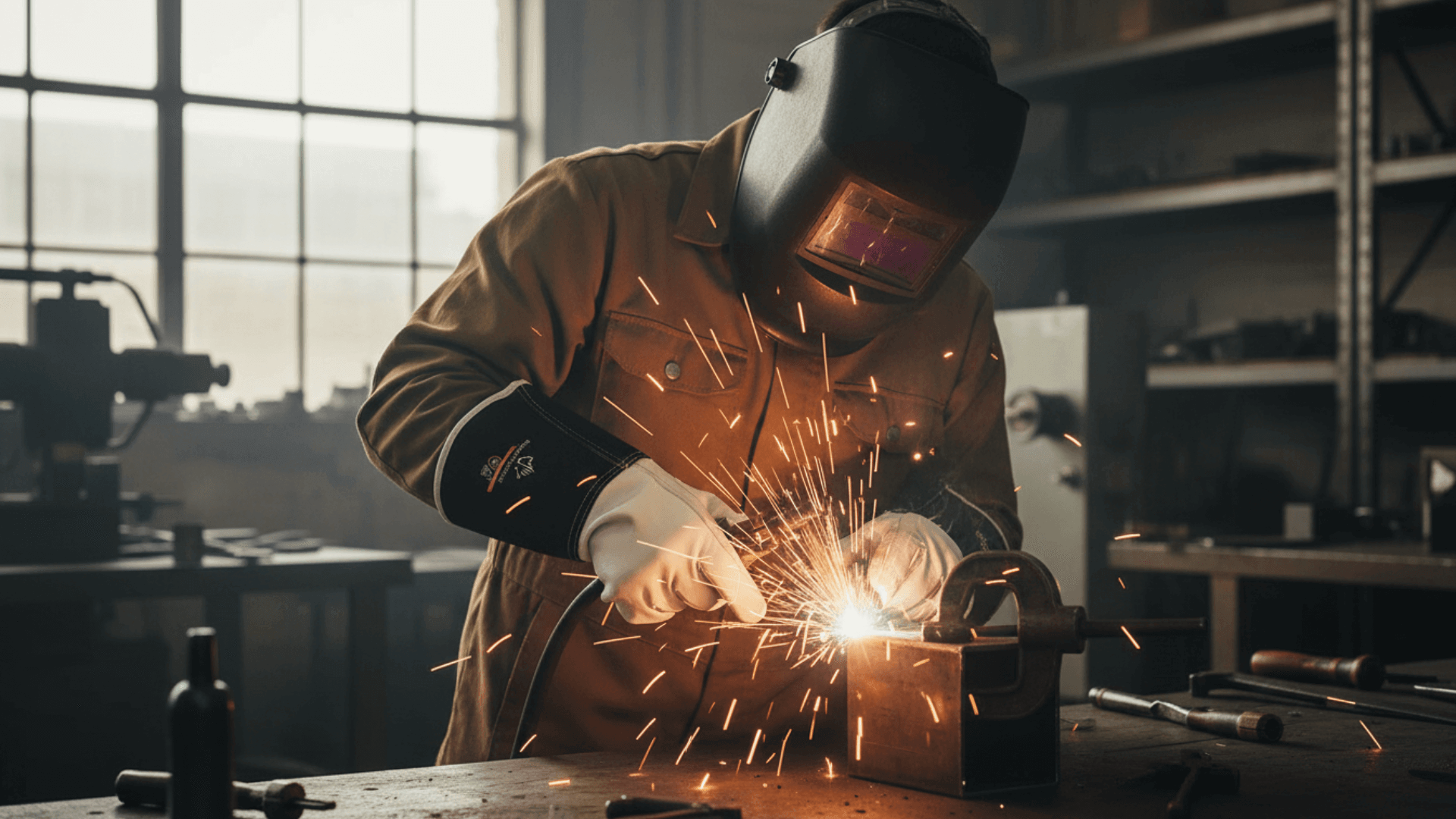 Soldador en taller usando guantes de protección térmica Superiorglove contra chispas y calor intenso