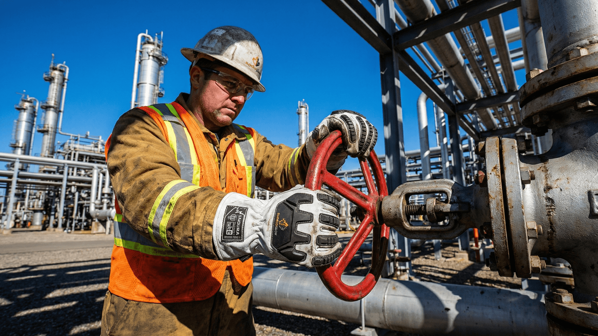 Técnico con guantes antiimpacto Superiorglove operando válvula en refinería de petróleo a campo abierto
