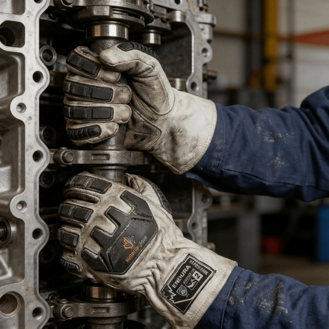 Mecánico manipulando el árbol de levas de un motor pesado utilizando guantes de alta destreza y anti-impacto Superiorglove 378GKGVBE