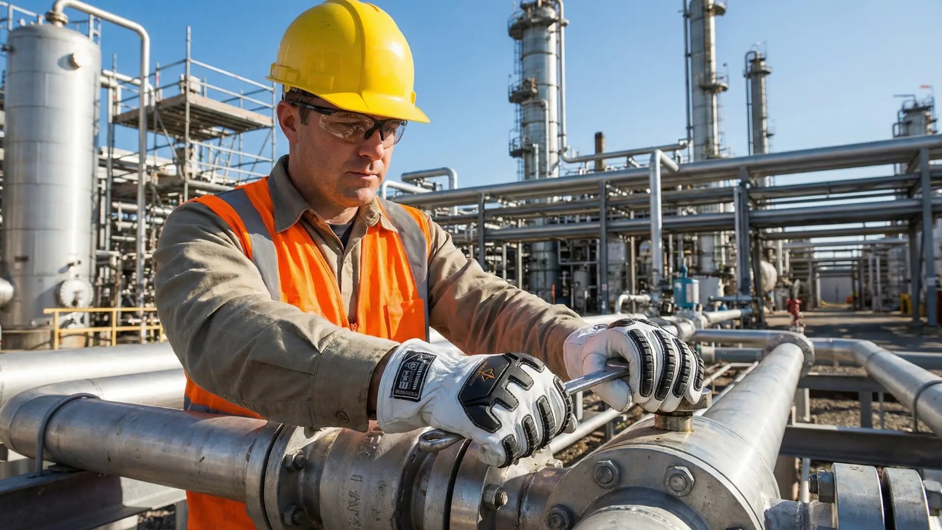 Trabajador con guantes de impacto Superiorglove apretando tubería en planta petroquímica
