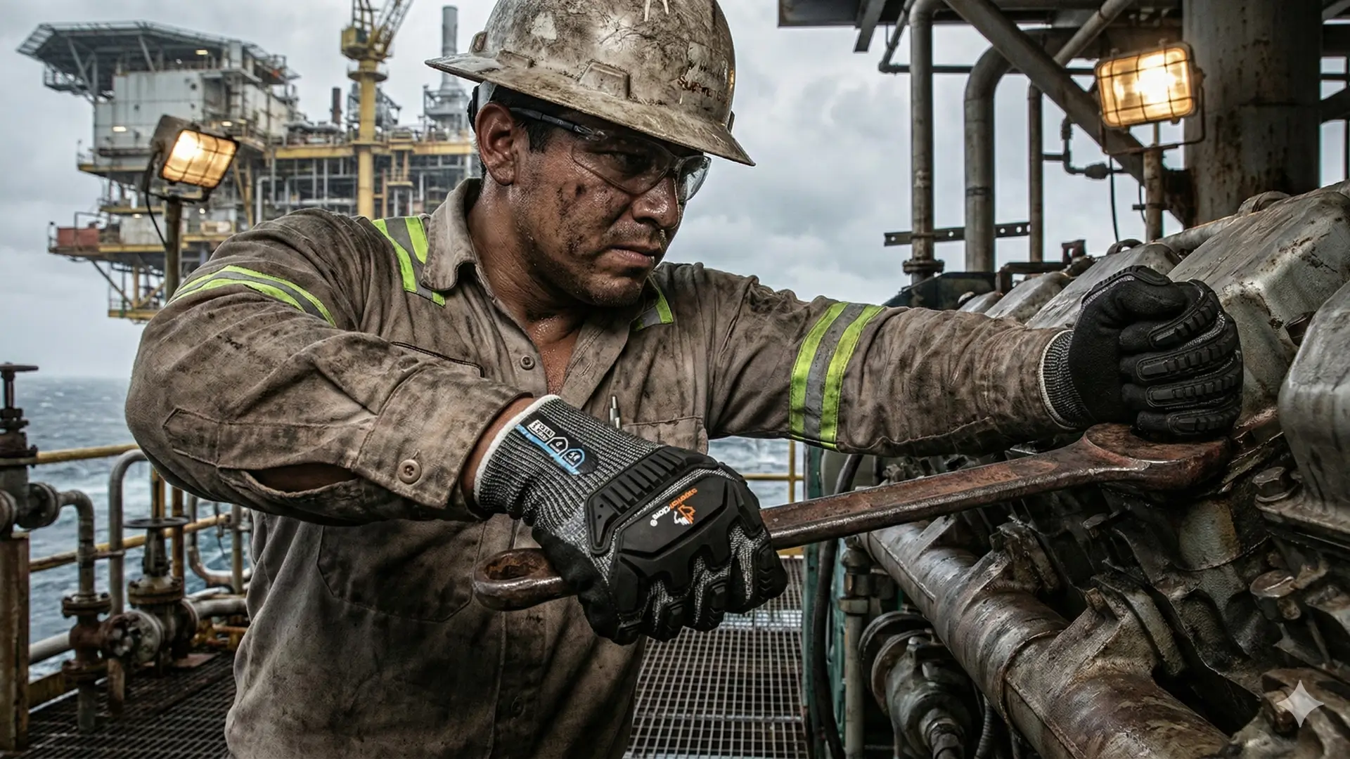 Trabajador petrolero con guantes de impacto Superiorglove apretando tuerca con llave en plataforma marina