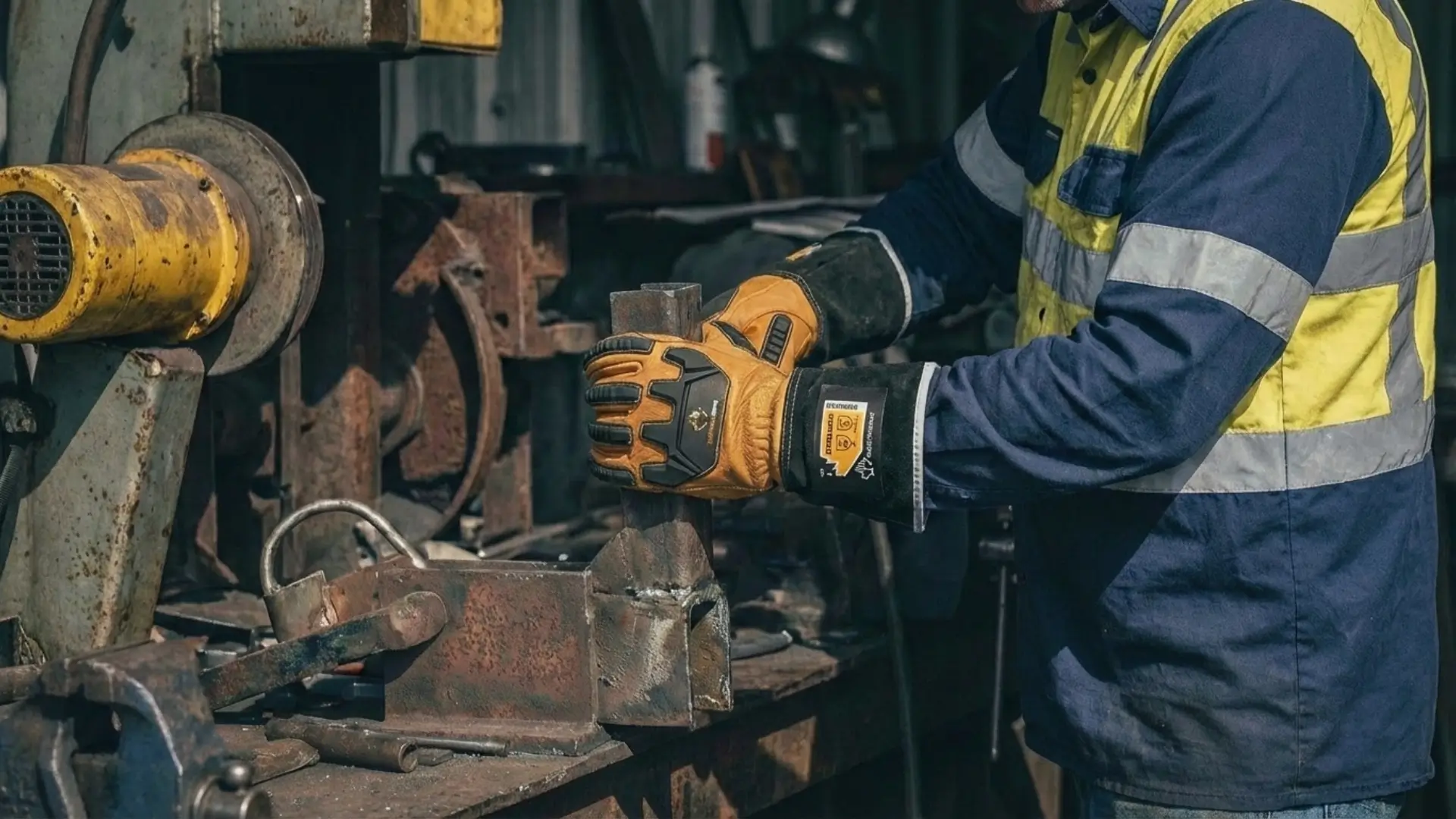 Trabajador con guante de impacto Superiorglove sujetando pieza metálica en taller industrial