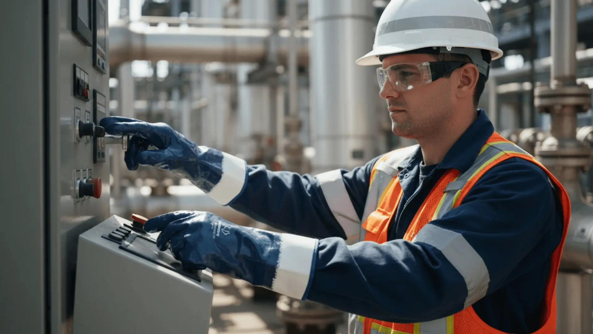 Trabajador con guantes de protección química Superiorglove operando panel de control en planta industrial