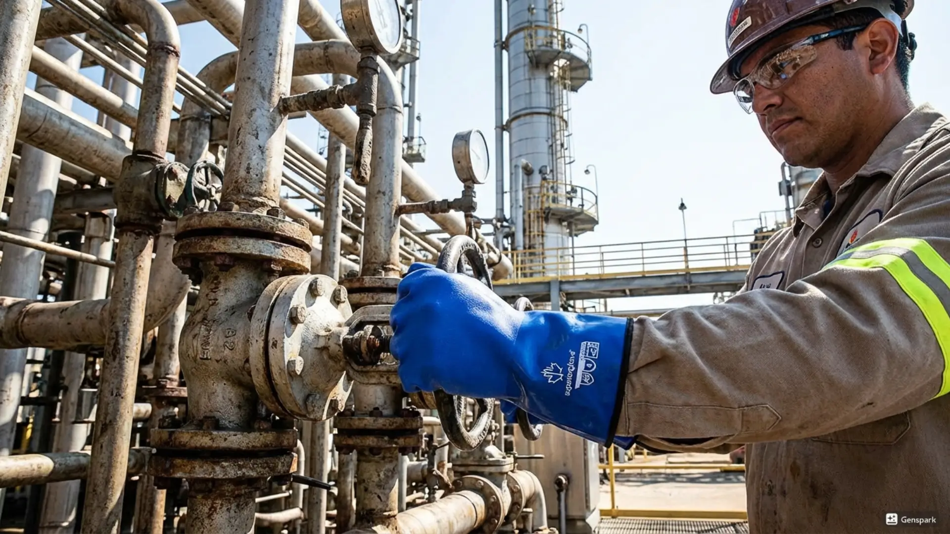 Trabajador con guantes de protección química Superiorglove operando válvula en planta petroquímica