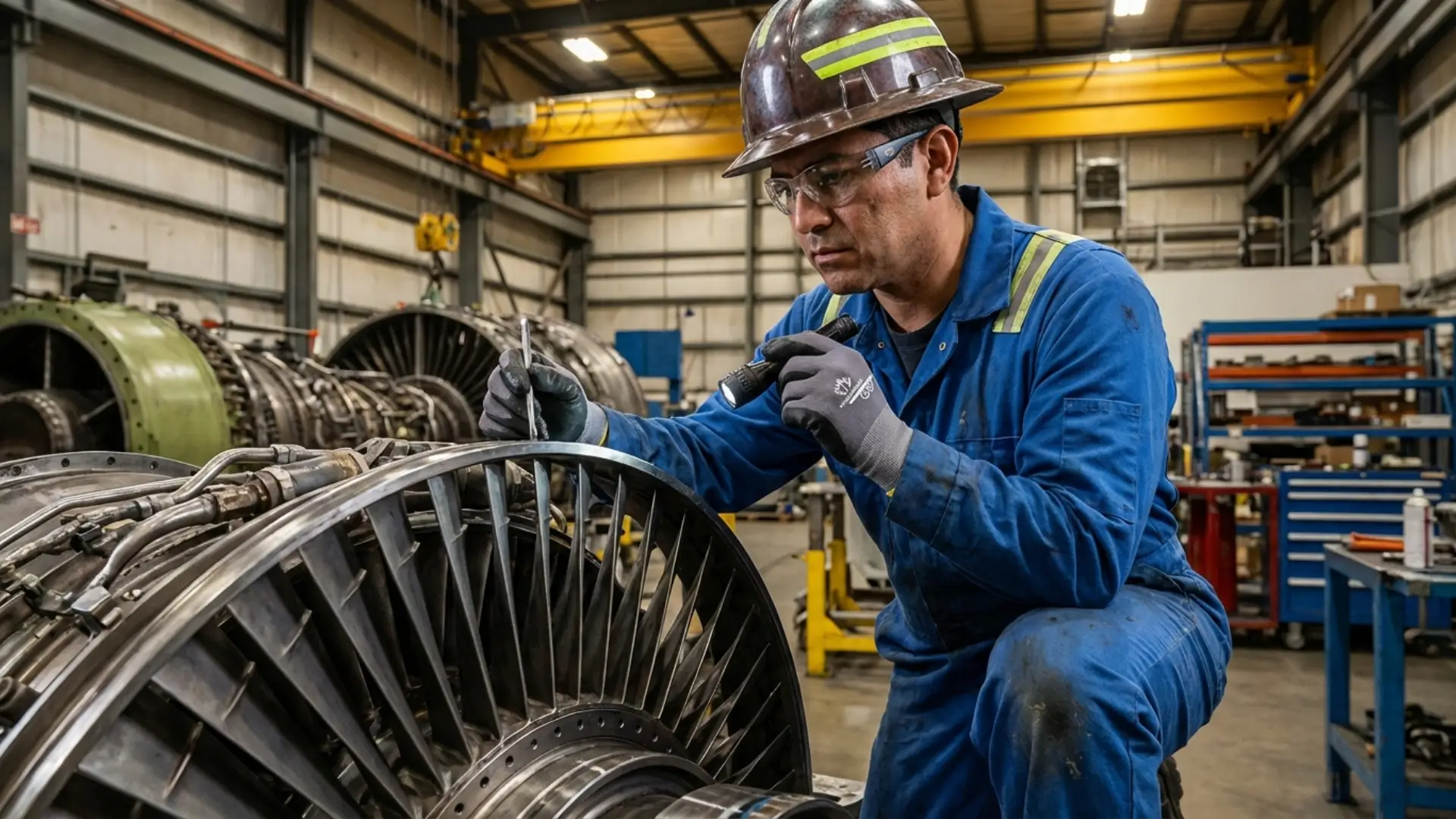 Técnico con guantes Superior Glove S15NAPN inspeccionando una turbina industrial en un taller de mantenimiento