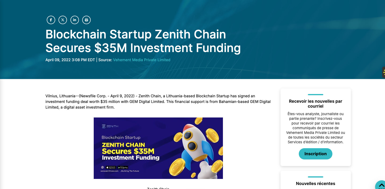 Zenith Chain funding announcement
